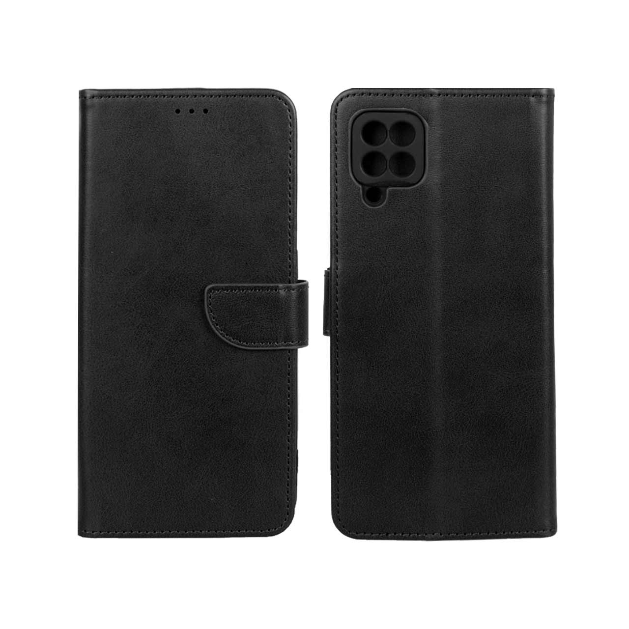 کیف چرمی Samsung Galaxy A12 / M12 / F12مگنتی محافظ لنزدار مشکی جاکارتی خور کد129/12829